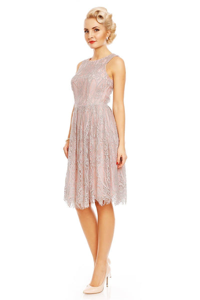 Retro Lace Floral Swing Dress in Pink-Grey