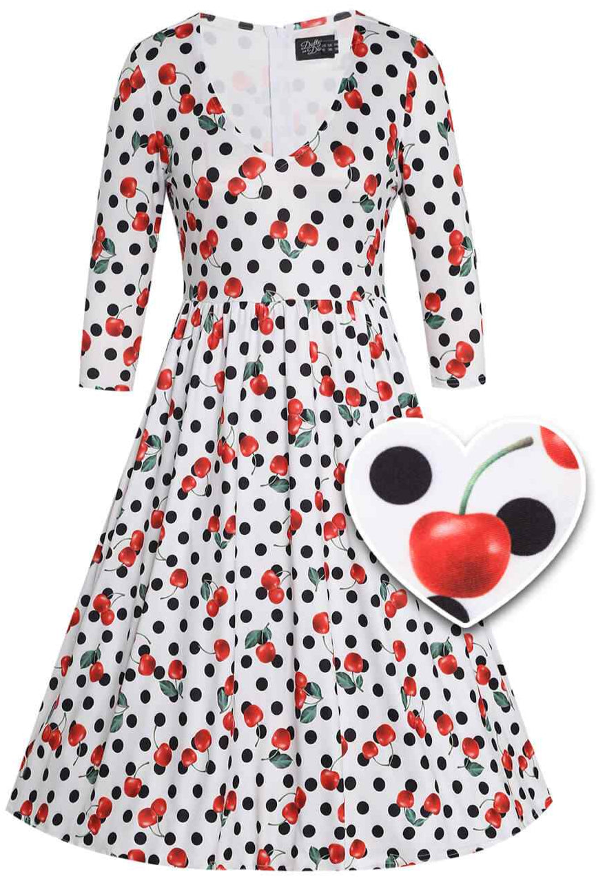 Front view of Rockabilly Cherry Polka Dot Print Dress in White