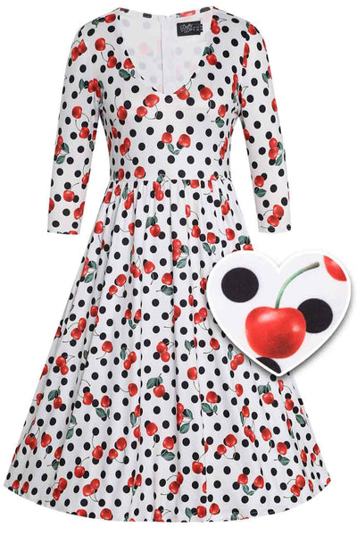 Front view of Rockabilly Cherry Polka Dot Print Dress in White
