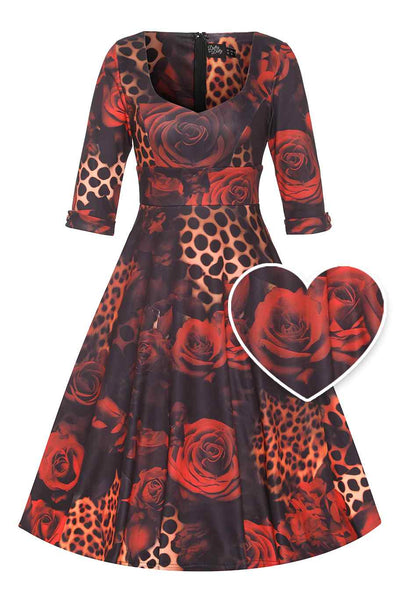 Front view of Rockabilly Leopard Rose Midi Dress