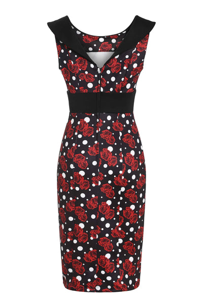 EU STOCK Darla Fitted Off-Shoulder Black Roses & Polka Print Dress