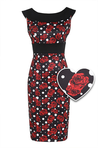 EU STOCK Darla Fitted Off-Shoulder Black Roses & Polka Print Dress