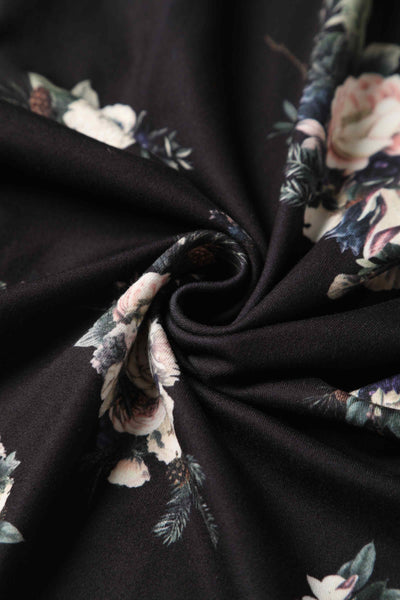 Close up view of Rose Butterfly Print Sleeved Jumpsuit in Black