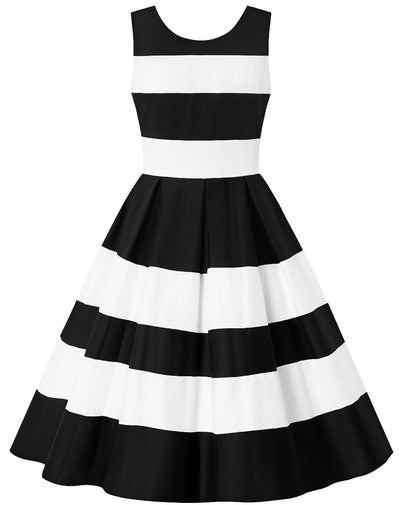 EU STOCK Annie Retro Embroidered Rose Stripe Swing Dress in Black/White