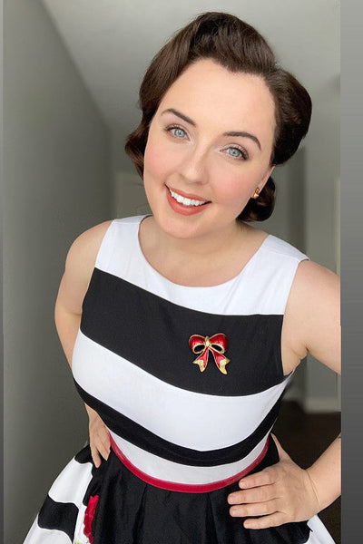 EU STOCK Annie Retro Embroidered Rose Stripe Swing Dress in Black/White
