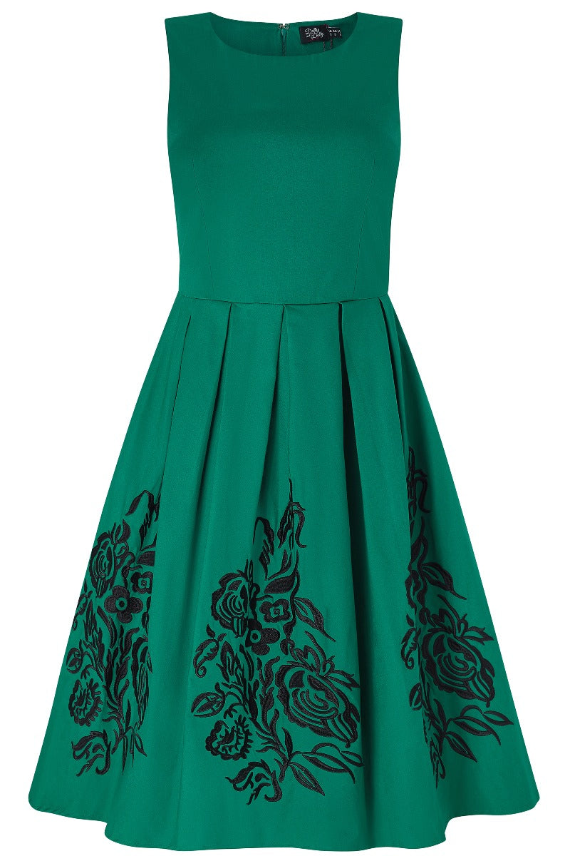 Embroidered Roses Swing Dress in Green-Black