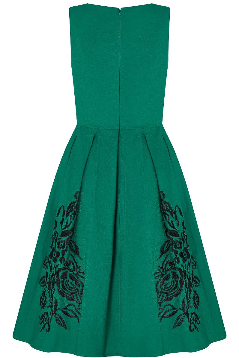 PRE ORDER Annie Retro Embroidered Floral Swing Dress in Green/Black