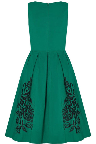 PRE ORDER Annie Retro Embroidered Floral Swing Dress in Green/Black