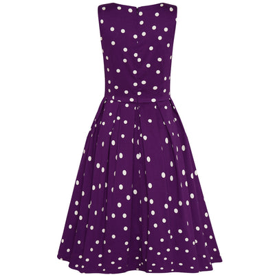 PRE ORDER Annie Retro Vintage Inspired Purple & White Polka Dot Dress with Hidden Pockets