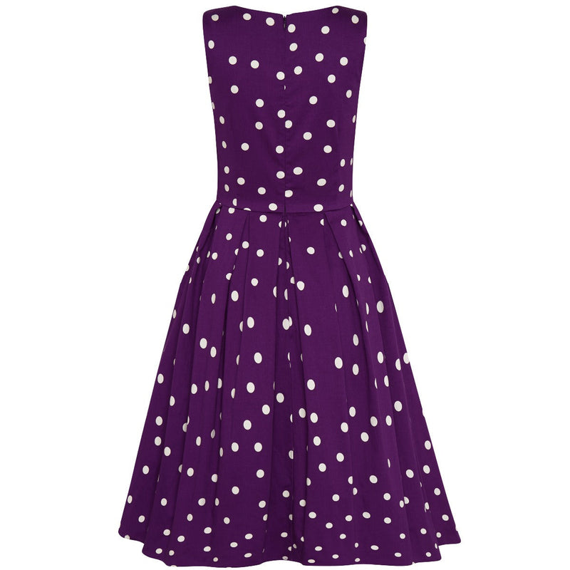 PRE ORDER Annie Retro Vintage Inspired Purple & White Polka Dot Dress with Hidden Pockets