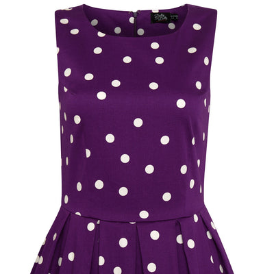 PRE ORDER Annie Retro Vintage Inspired Purple & White Polka Dot Dress with Hidden Pockets