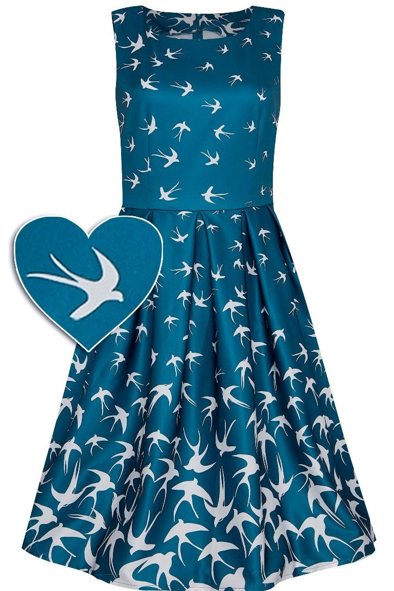 PRE ORDER Annie Blue Swing Dress with Raising Swallow Birds