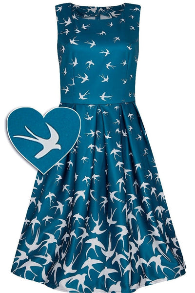 PRE ORDER Annie Blue Swing Dress with Raising Swallow Birds