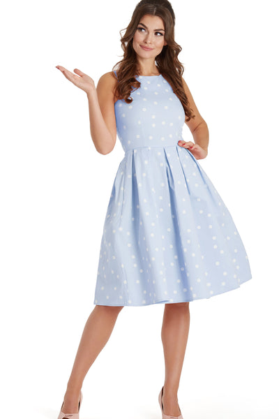 PRE ORDER Annie Retro Polka Dot Dress In Pale Blue/White