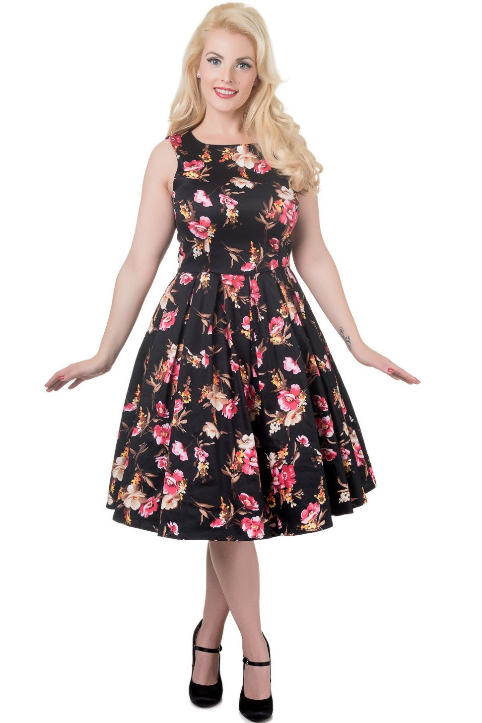 EU STOCK Annie Retro Floral Swing Dress in Black