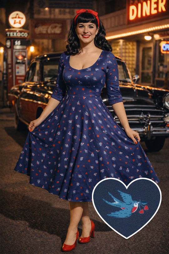 Scarlette Navy Swallow & Hearts Print Long-Sleeved Stretchy Dress