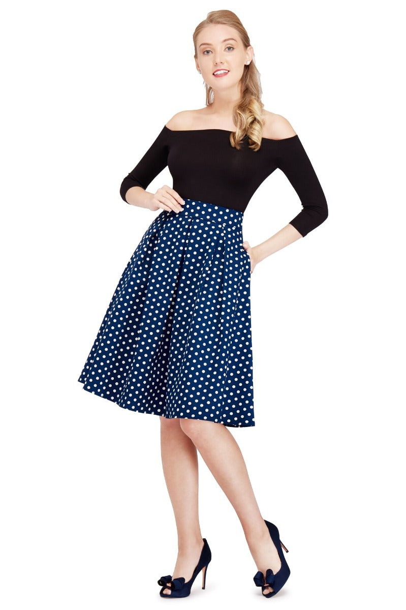 EU STOCK Rochelle High Waist Full Circle Polka Dot Skirt in Blue