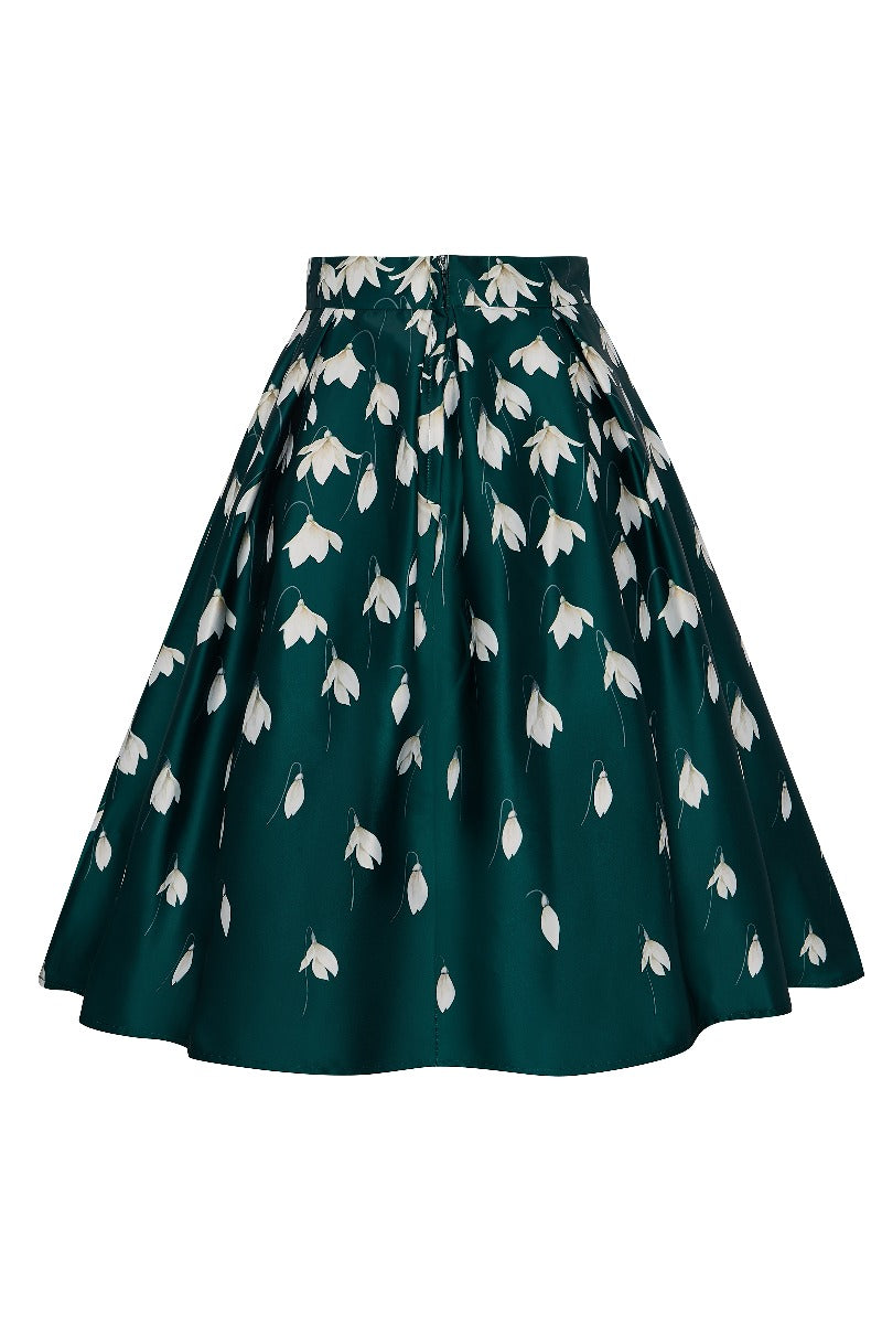 PRE-ORDER Carolyn Box Pleat Skirt In Scuba Knit Fabric-Green & White Snowdrop