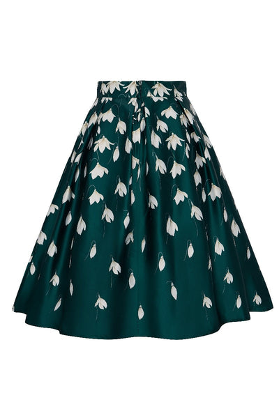 PRE-ORDER Carolyn Box Pleat Skirt In Scuba Knit Fabric-Green & White Snowdrop
