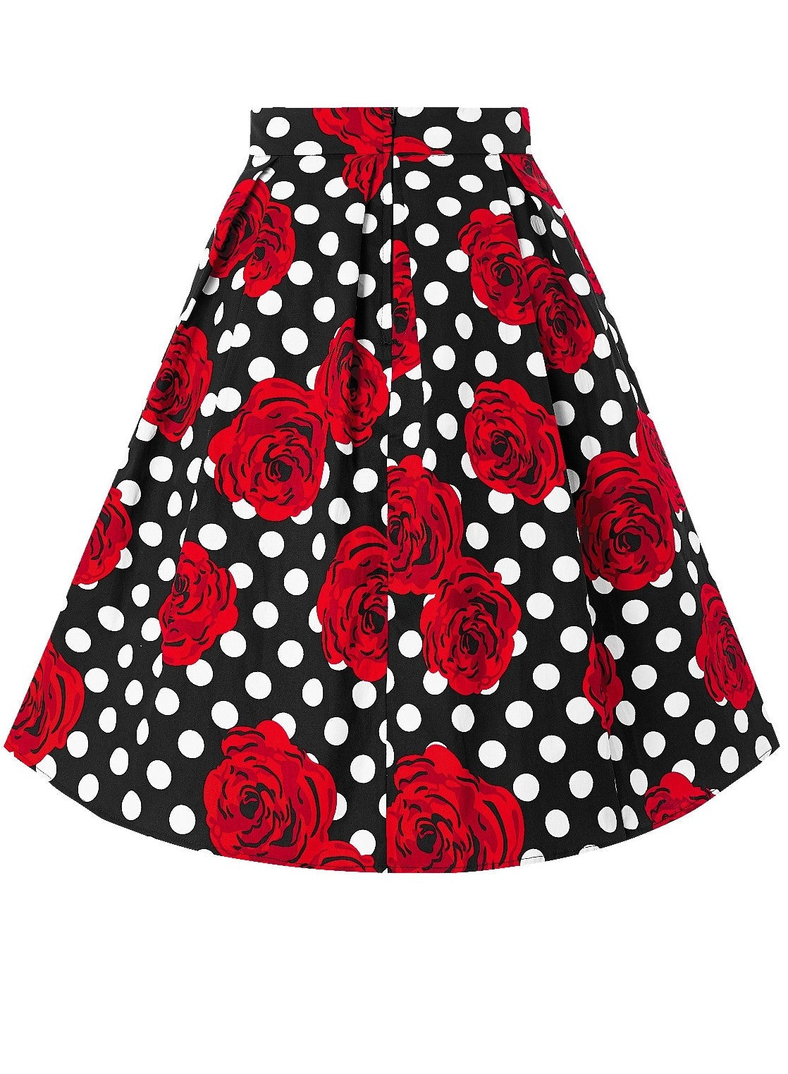 PRE-ORDER Carolyn Box Pleat Skirt In Scuba Knit Fabric In White Polka Dot & Red Rose In Black