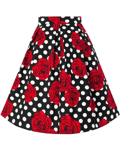 PRE-ORDER Carolyn Box Pleat Skirt In Scuba Knit Fabric In White Polka Dot & Red Rose In Black