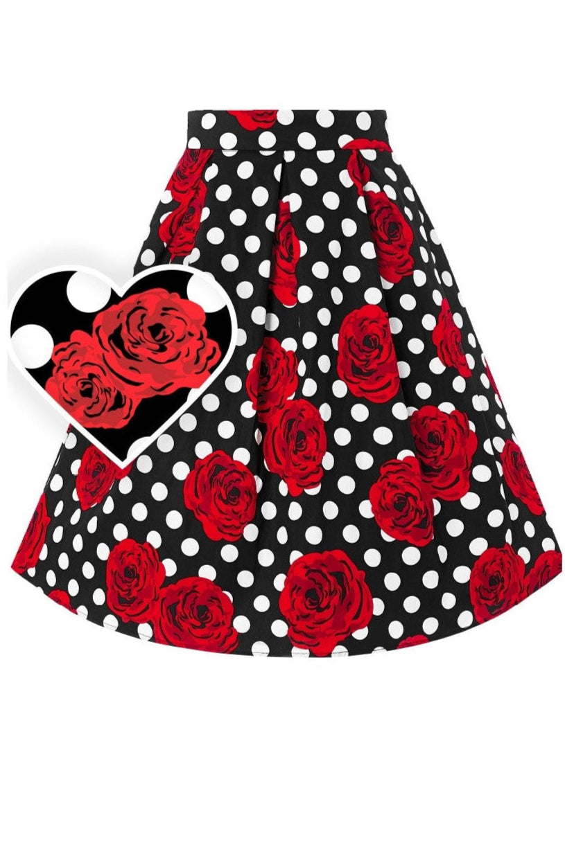 Women's Box Pleat Skirt in Black with Roses & White Polka Dots 