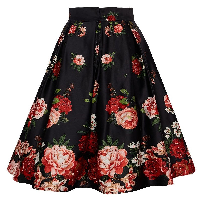 PRE-ORDER Carolyn Box Pleat Skirt In Black with Raising Red Roses