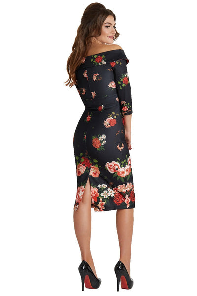 PRE ORDER Denise Vintage Inspired Wiggle Dress - Roses in Black