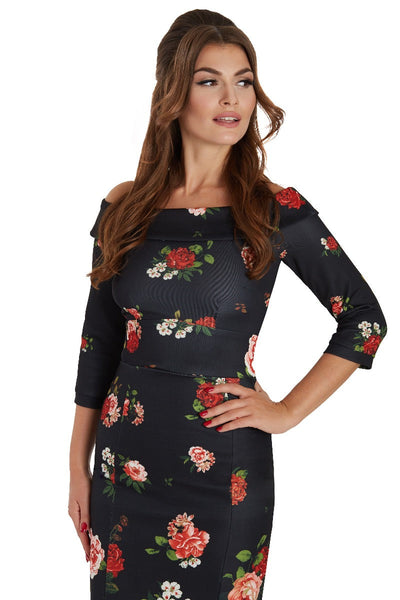 PRE ORDER Denise Vintage Inspired Wiggle Dress - Roses in Black