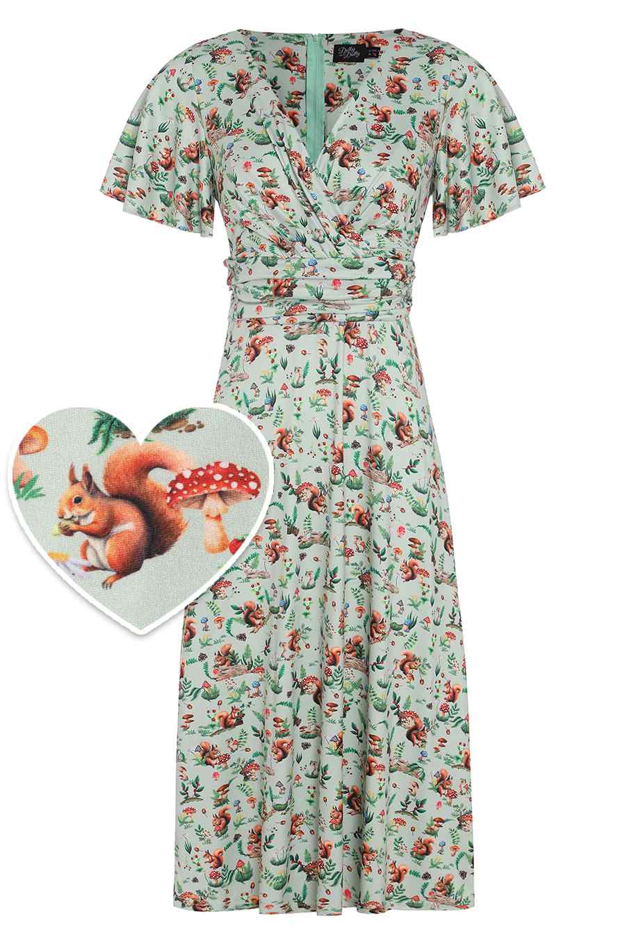 Front view of Squirrel Woodland Print Tea Dress in Green