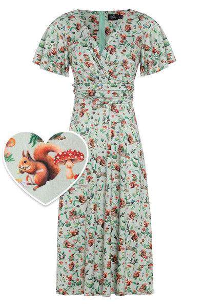 Front view of Squirrel Woodland Print Tea Dress in Green