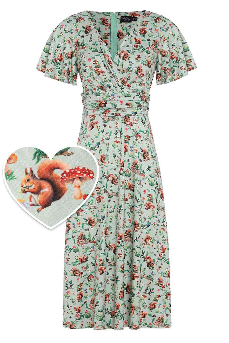 Front view of Squirrel Woodland Print Tea Dress in Green