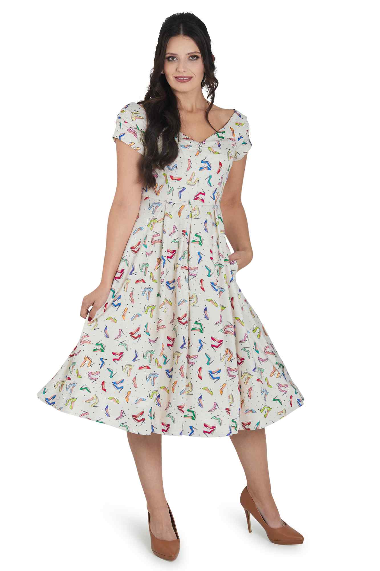 Model photo of Stiletto Print Off Shoulder Dress