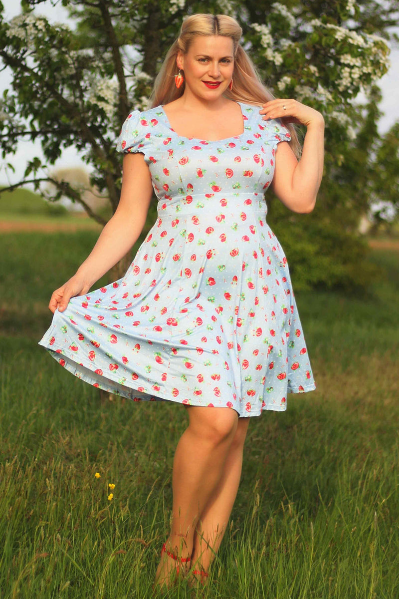 Baby Blue Swing Dress with Strawberries & Dots