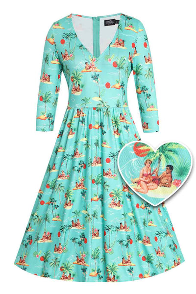 Front view of Summer Print Pinup Couple Dress in Mint