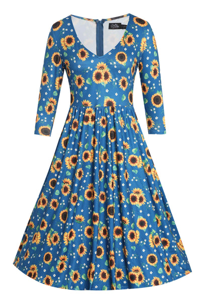 Front view of Sunflower Print Flared Dress in Blue