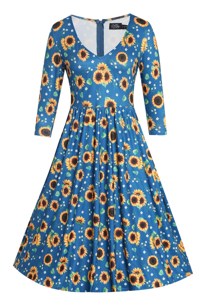 Front view of Sunflower Print Flared Dress in Blue