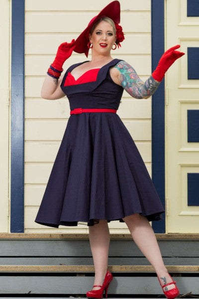 Grace Vintage Style Jive Dress in Dark Blue-Red