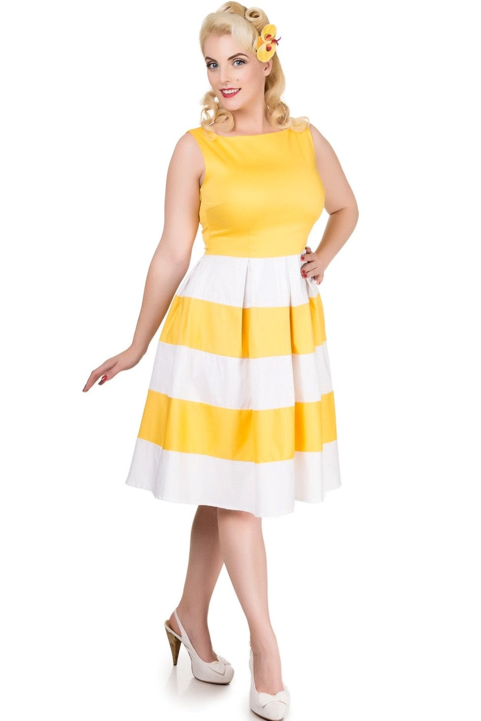 EU STOCK Anna White & Yellow Striped 50s Swing Dress