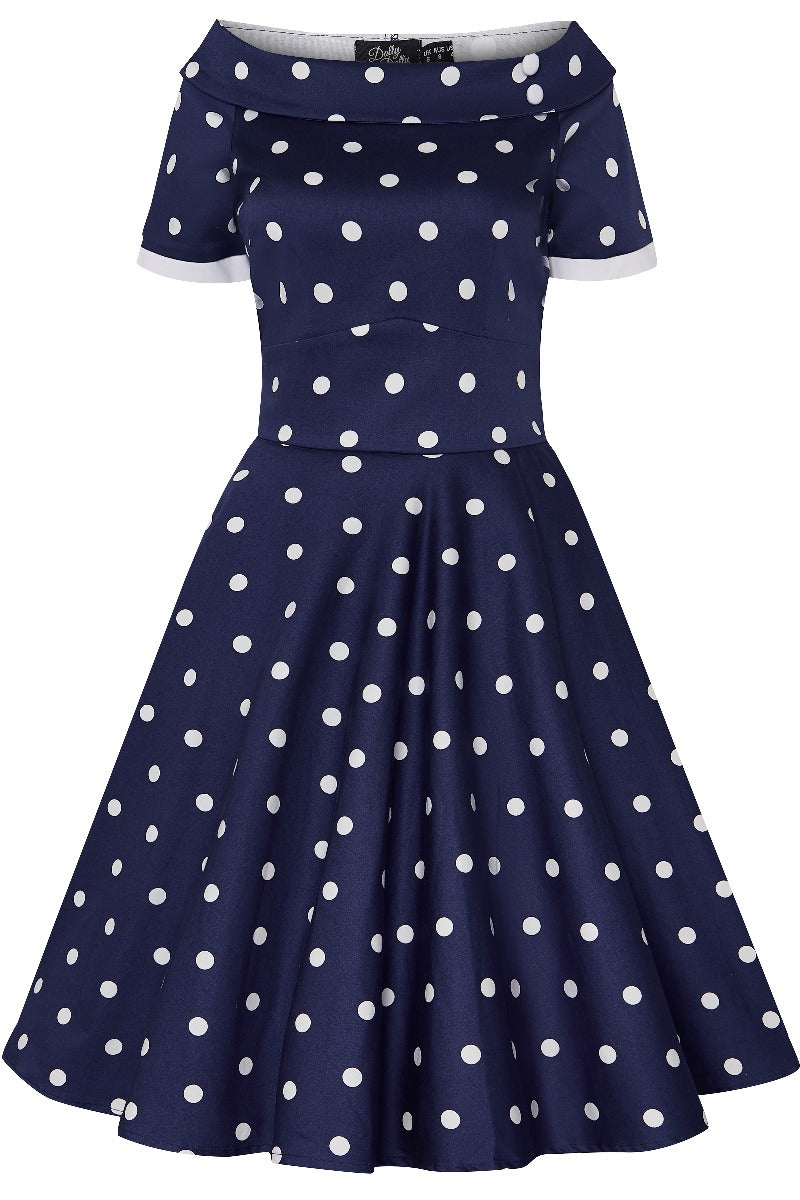 EU Stock-Darlene Rockabilly Polka Dot Dress in Navy/White