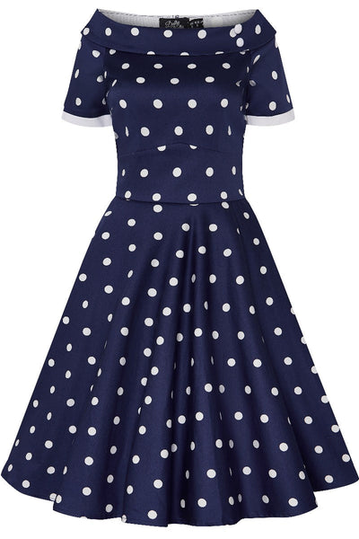 EU Stock-Darlene Rockabilly Polka Dot Dress in Navy/White