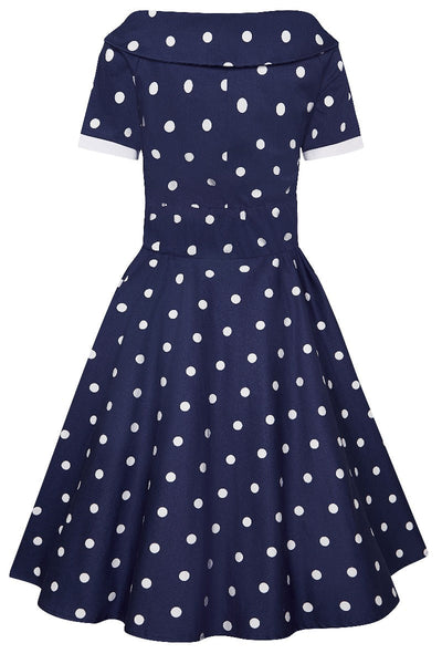 EU Stock-Darlene Rockabilly Polka Dot Dress in Navy/White