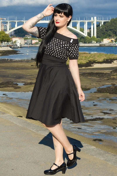 Retro Full Circle Swing Dress in Black and White Polka