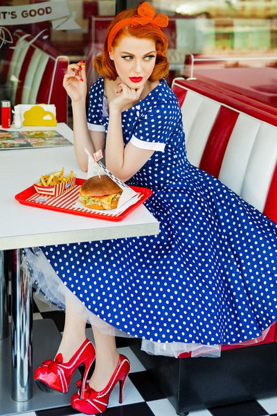 Woman's 50's Polka Swing Dress in Dark Blue