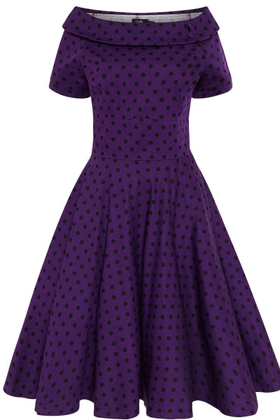 EU Stock-Darlene Retro Polka Dot Swing Dress in Purple
