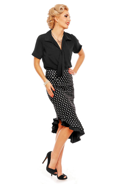PRE-ORDER Madison High Waist 50s Style Ruffle Skirt In Black-Dots