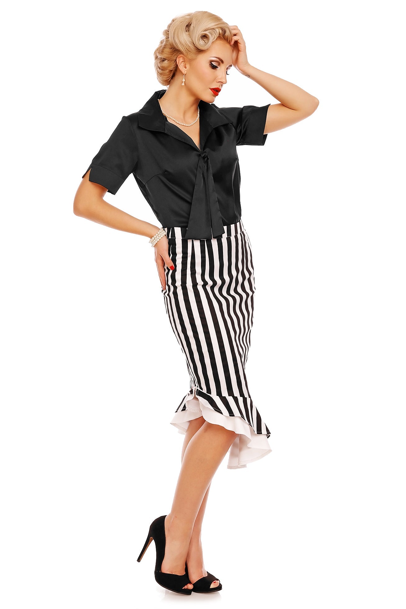 PRE-ORDER Madison High Waist Ruffle Skirt In Black-White Stripes