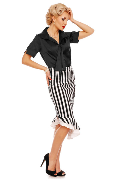 PRE-ORDER Madison High Waist Ruffle Skirt In Black-White Stripes