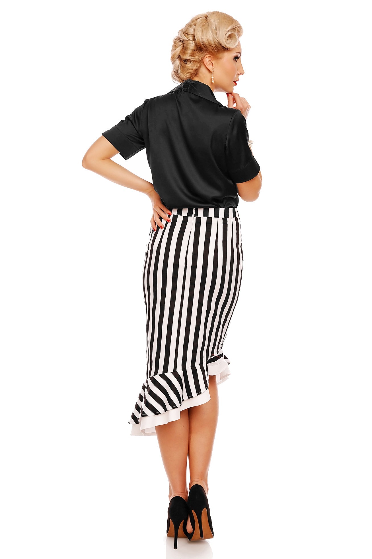 PRE-ORDER Madison High Waist Ruffle Skirt In Black-White Stripes