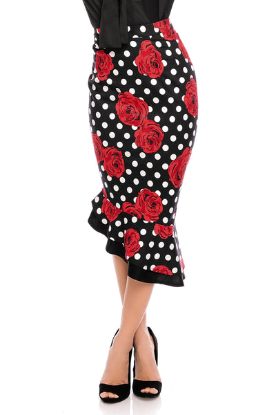 PRE-ORDER Madison High Waist 50s Style Ruffle Skirt In Black-Spots-Red Roses